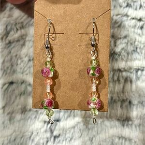 Floral Beaded Dangle Silver Earrings